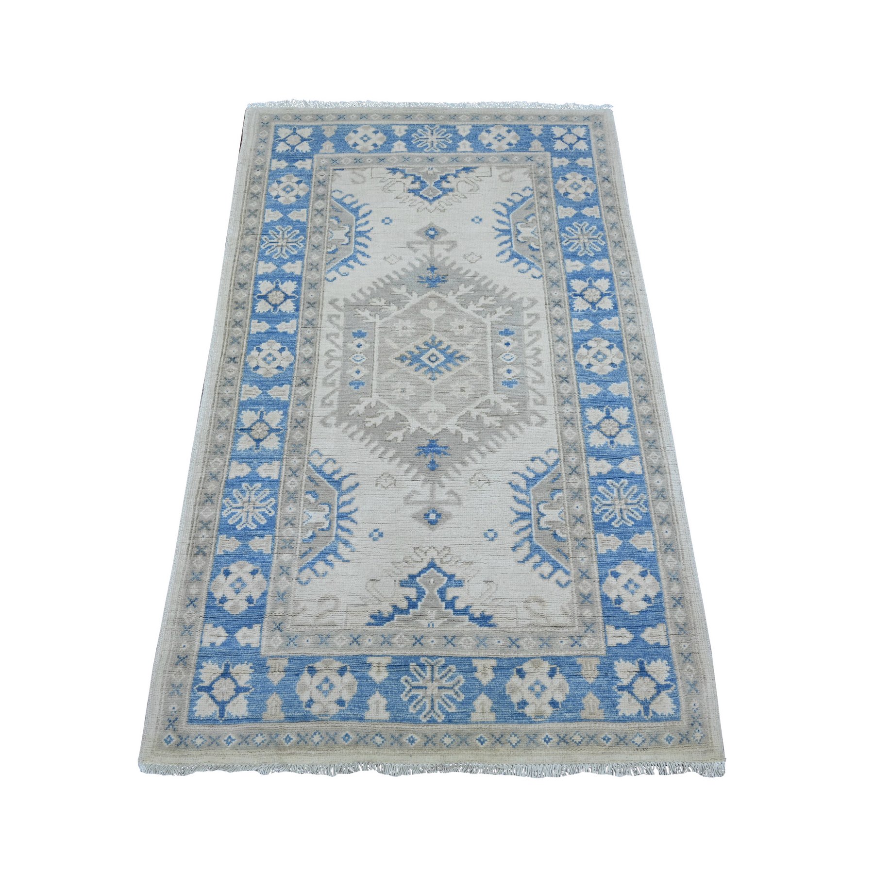 3'x4'10" Alabaster White, Vintage Look Kazak with Geometric Floral Elements, 100% Wool, Hand Knotted, Natural Dyes, Oriental Rug 